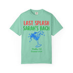 T-shirt with "Last Splash Sarah's Bach" text and cocktail graphic.