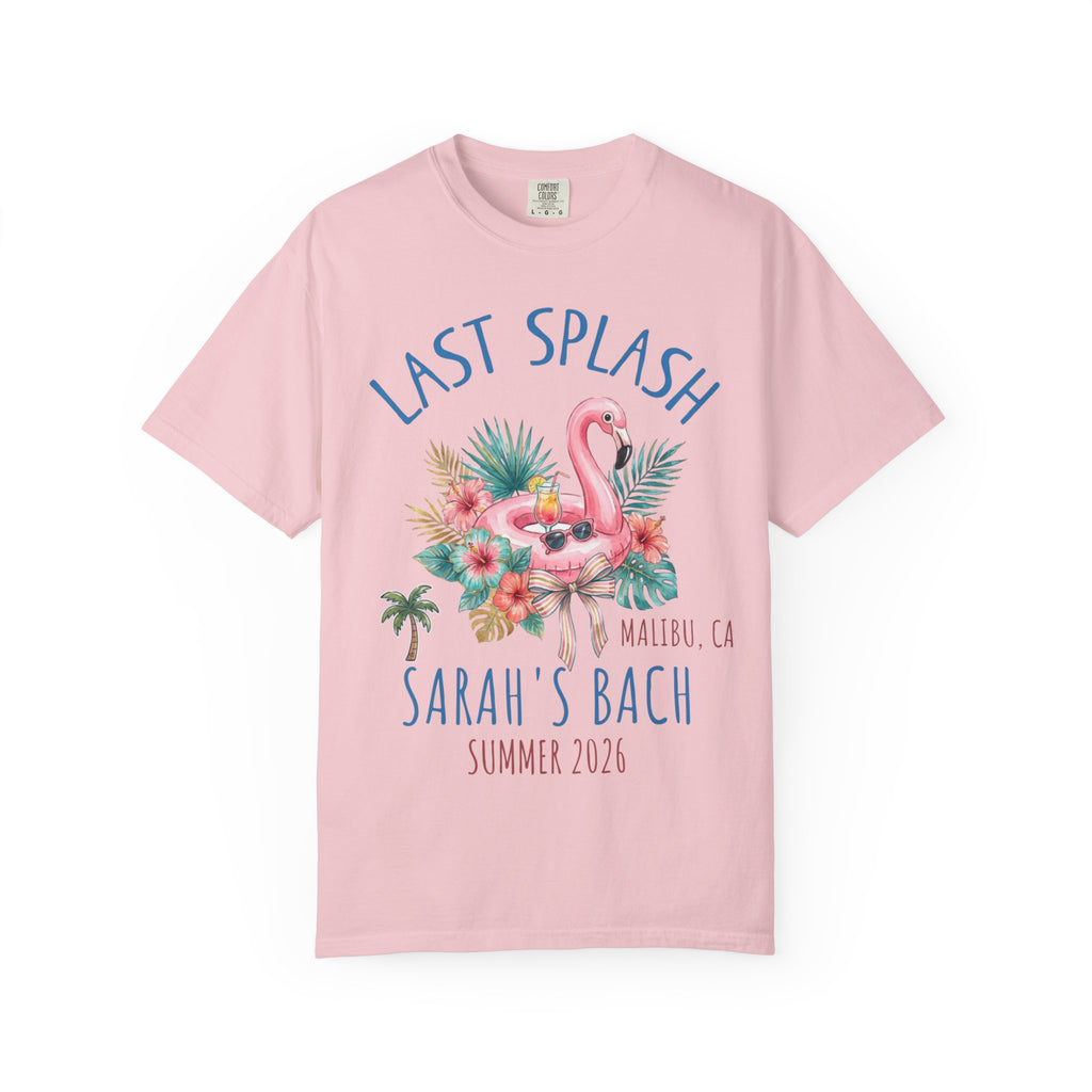 Pink t-shirt with "Last Splash" flamingo graphic for Sarah's Bach, Malibu, CA, Summer 2026.