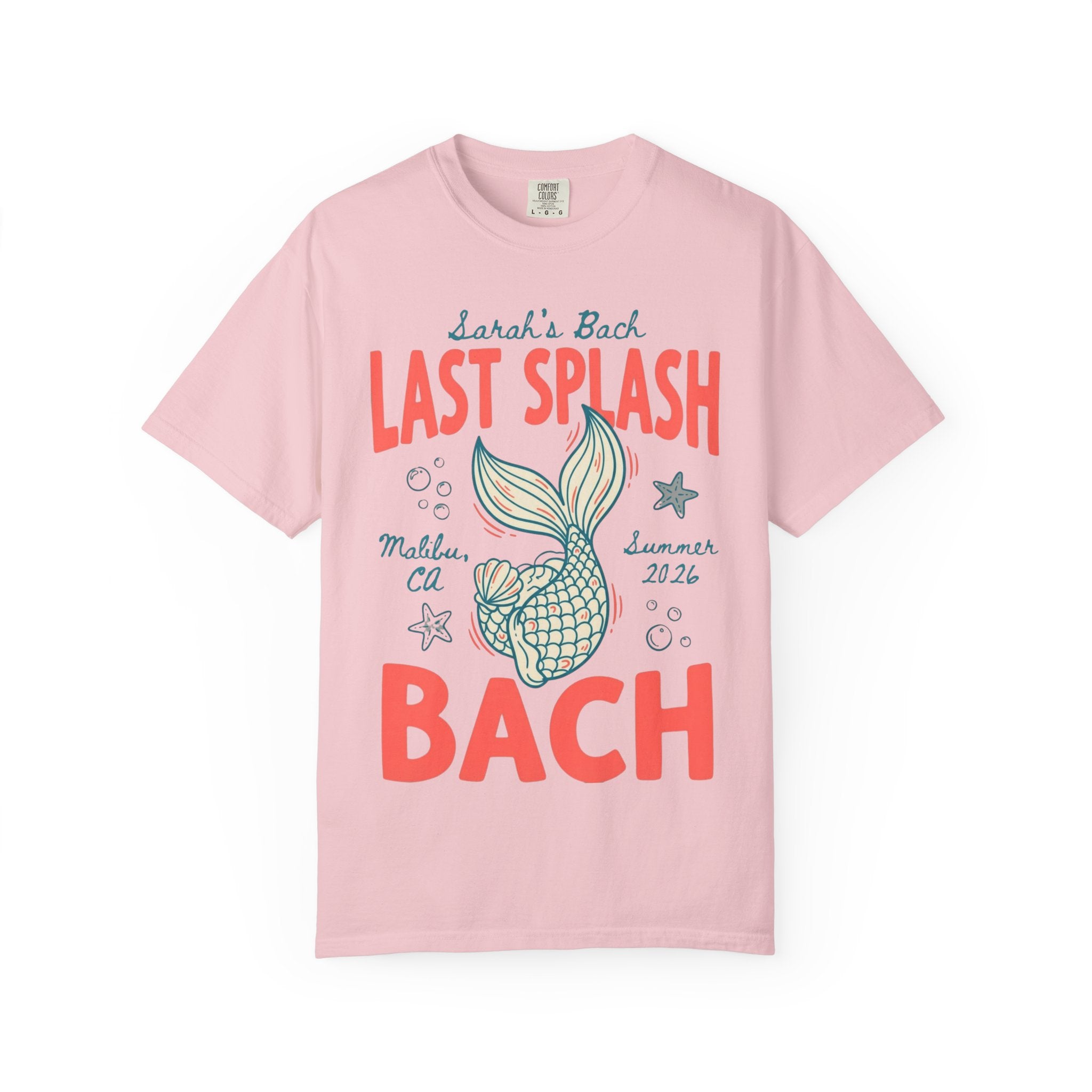 Pink t-shirt with "Sarah's Bach Last Splash" and mermaid graphics.