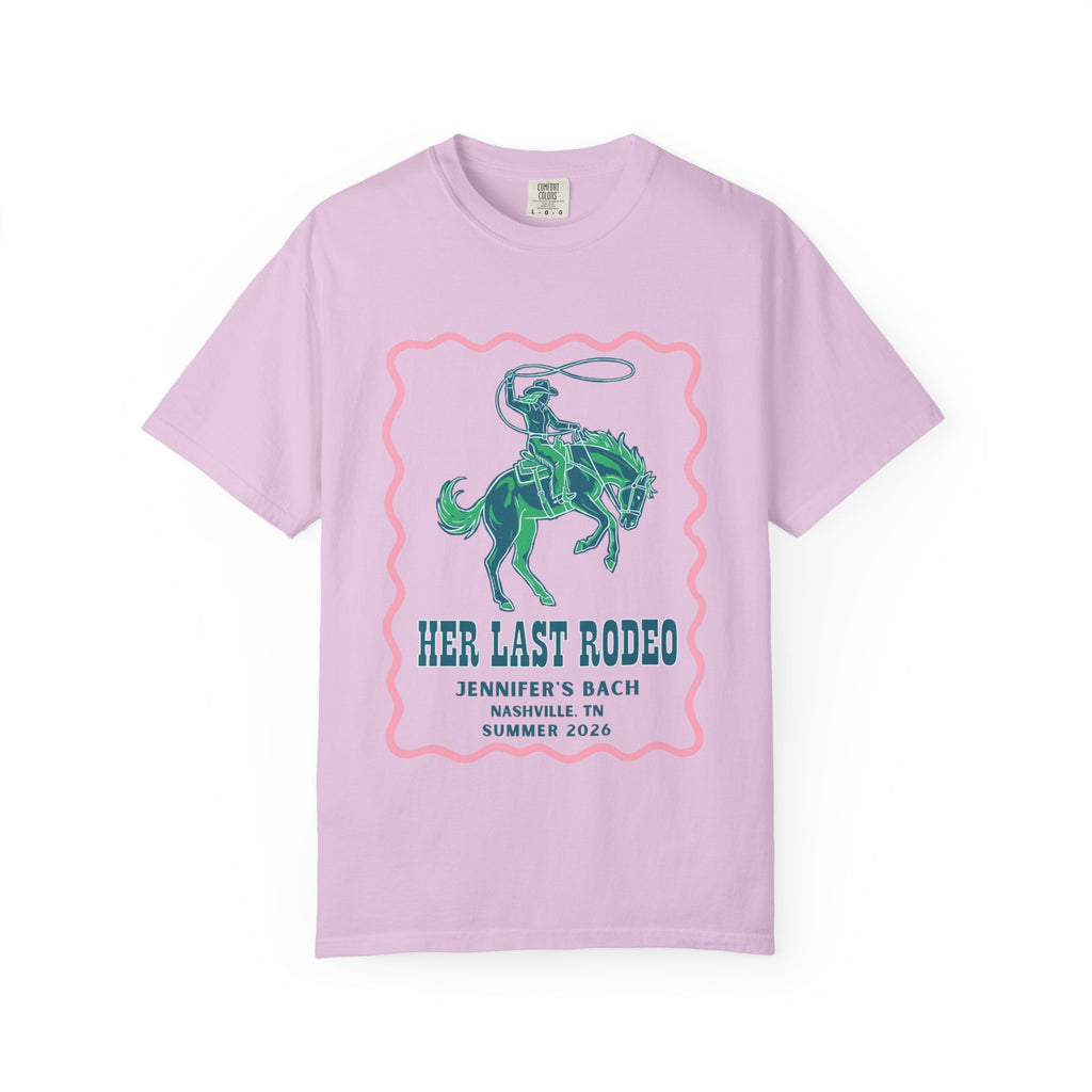 Pink t-shirt graphic with "HER LAST RODEO" and rodeo rider.
