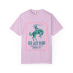 Pink t-shirt graphic with "HER LAST RODEO" and rodeo rider.