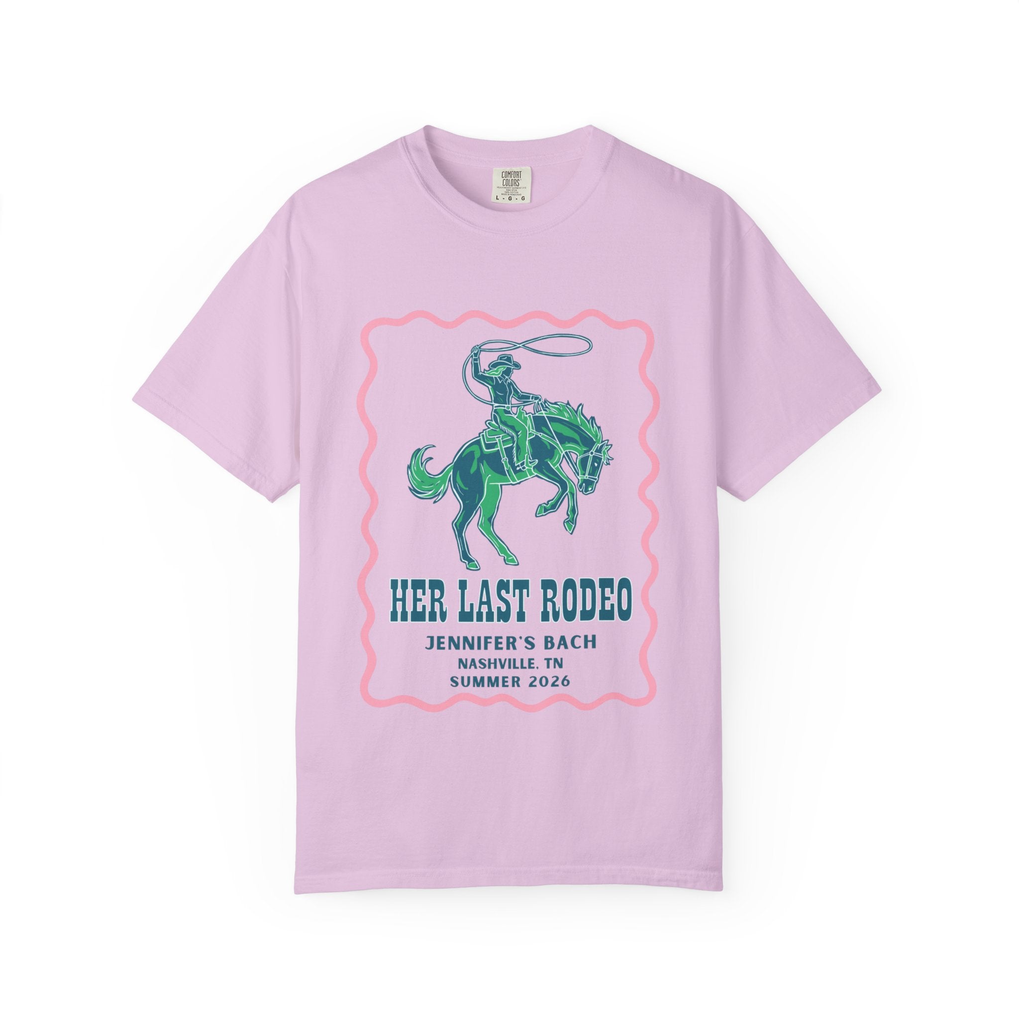 Pink t-shirt graphic with "HER LAST RODEO" and rodeo rider.