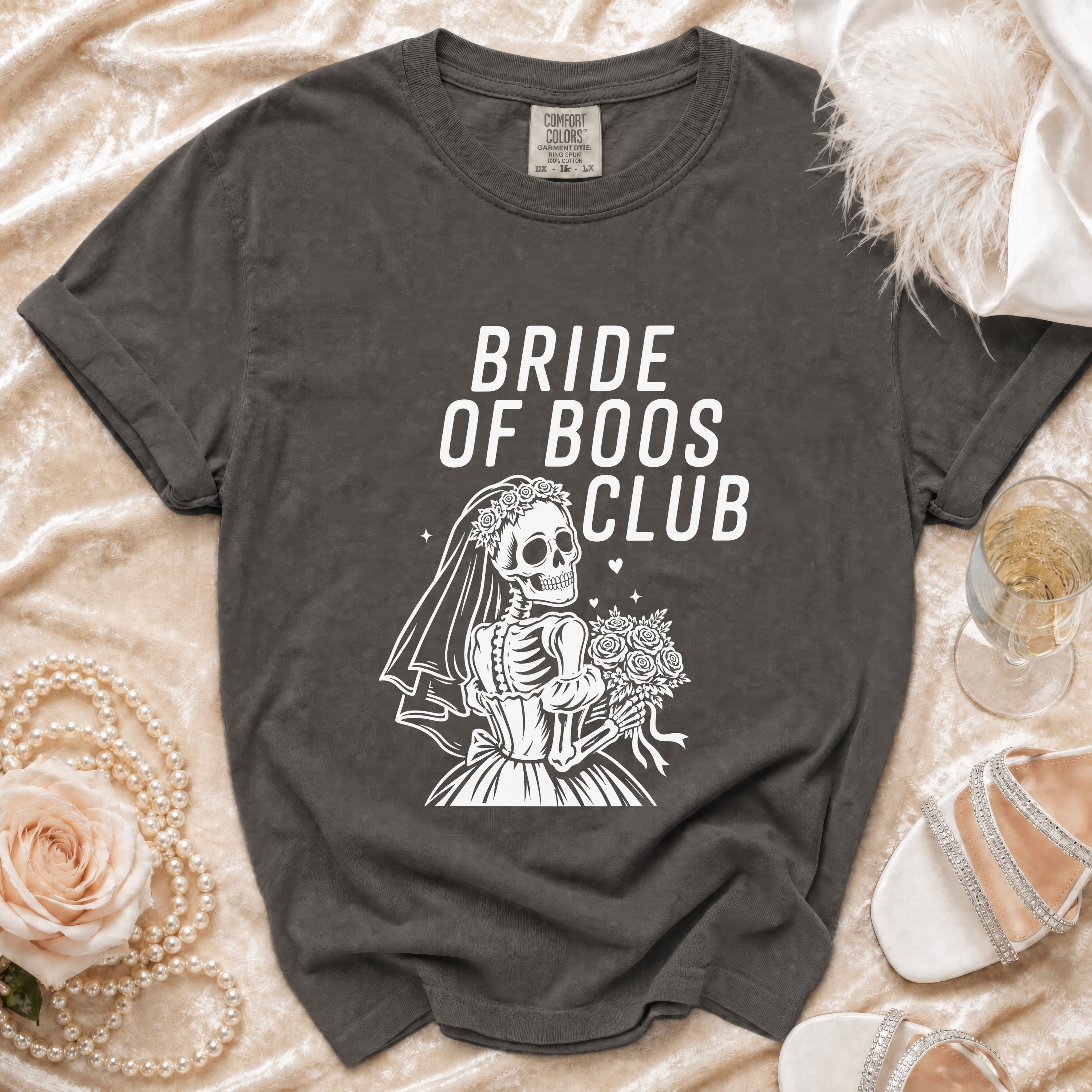 Dark grey t-shirt with "Bride of Boos Club" text and skeleton bride graphic.