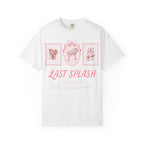 White t-shirt with "Last Splash Sarah's Bach Malibu, CA, Summer 2026" design.