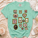 Mint green t-shirt with vintage frames featuring Halloween bride-themed art and text.