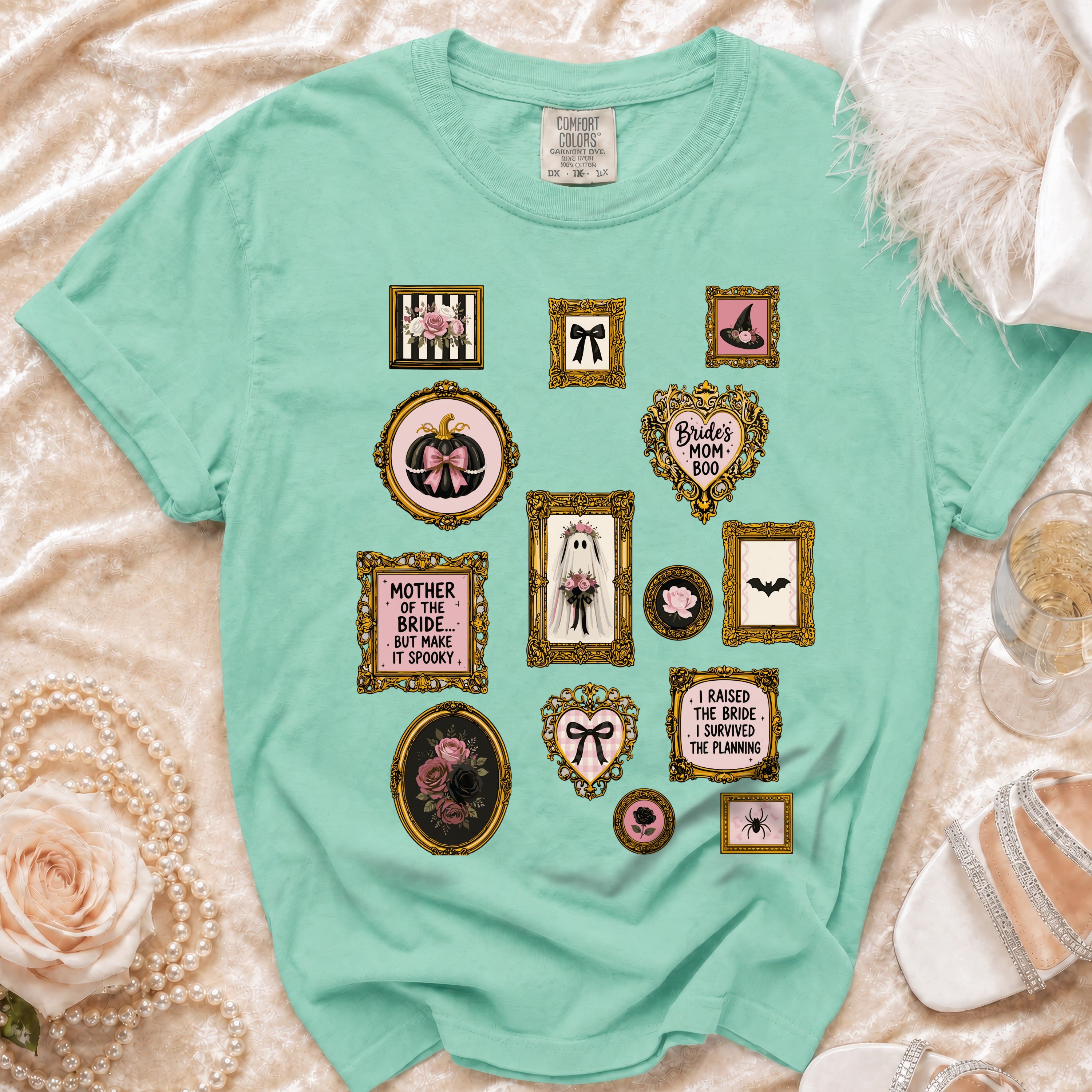 Mint green t-shirt with vintage frames featuring Halloween bride-themed art and text.