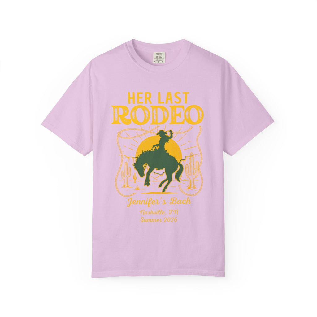 T-shirt with "Her Last Rodeo" text and cowboy graphic for Jennifer's Bach.