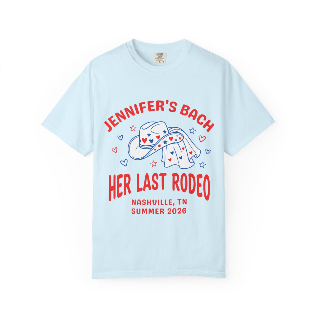 Light blue t-shirt with "Jennifer's Bach Her Last Rodeo" and Nashville text.