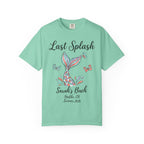 Mint t-shirt with "Last Splash Sarah's Back Malibu, CA Summer 2026" and a mermaid tail.