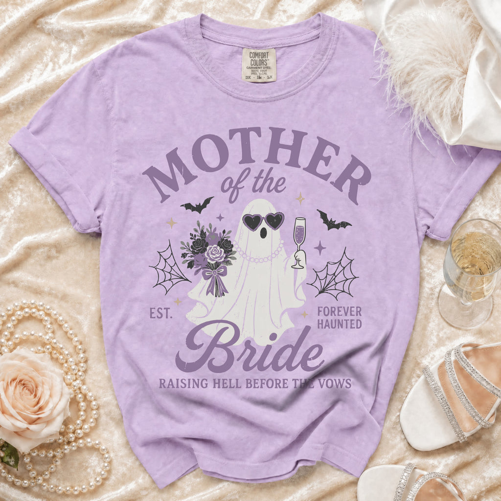 Lilac t-shirt with "Mother of the Bride" text and a ghost graphic.