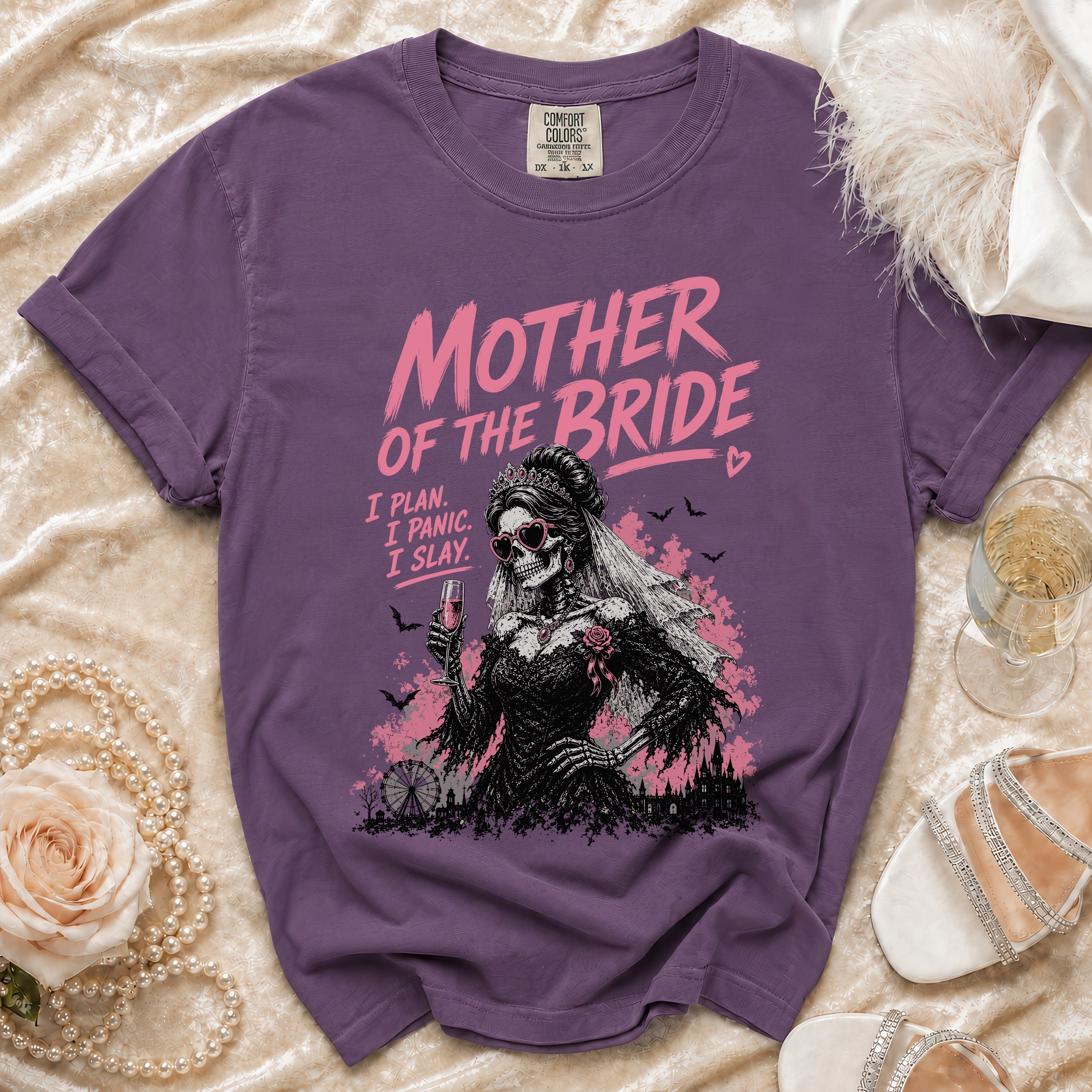 Purple t-shirt with "Mother of the Bride" graphic, featuring a skeleton bride.