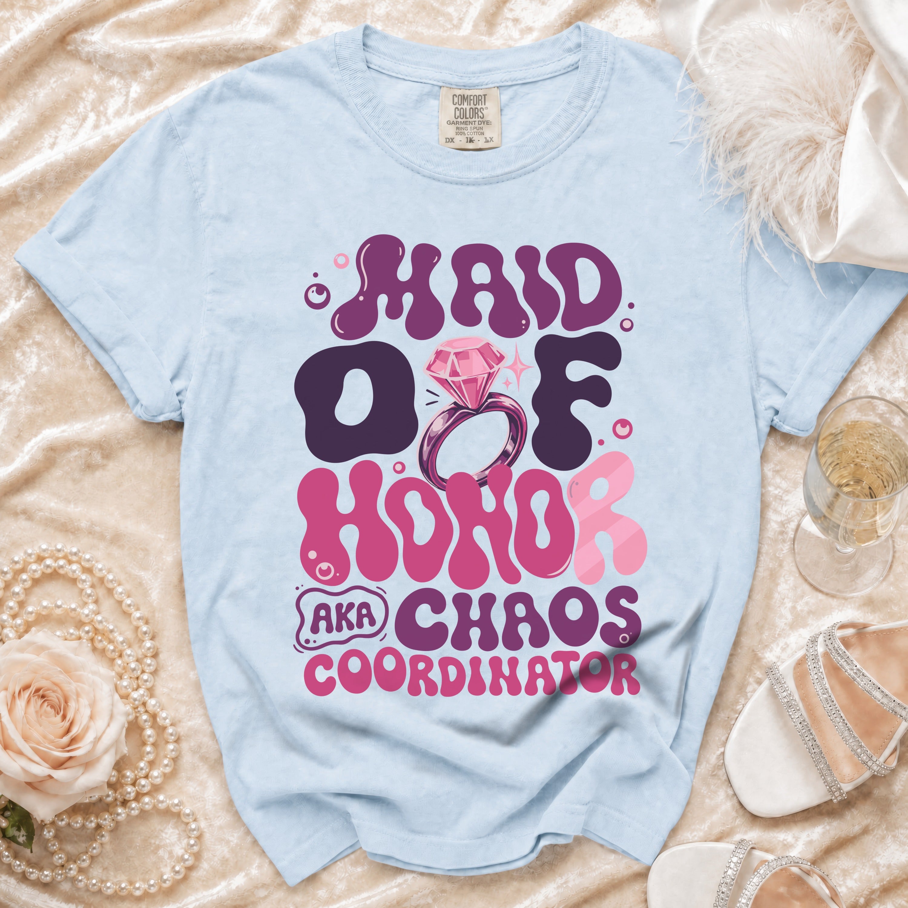 Maid of Honor AKA Chaos Coordinator graphic t-shirt with diamond ring.