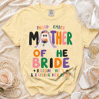 Yellow t-shirt with "Proud Member Mother of the Bride" text and ghost graphic.