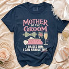 Navy t-shirt with "Mother of the Groom" text and wedding-themed graphics.