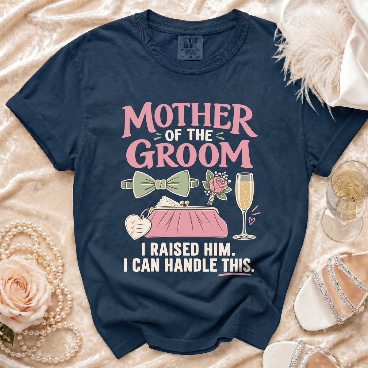 Navy t-shirt with "Mother of the Groom" text and wedding-themed graphics.