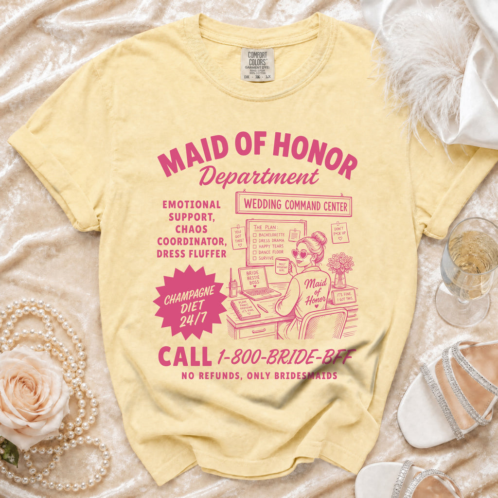 Yellow t-shirt with "Maid of Honor Department" graphic and wedding-themed text.