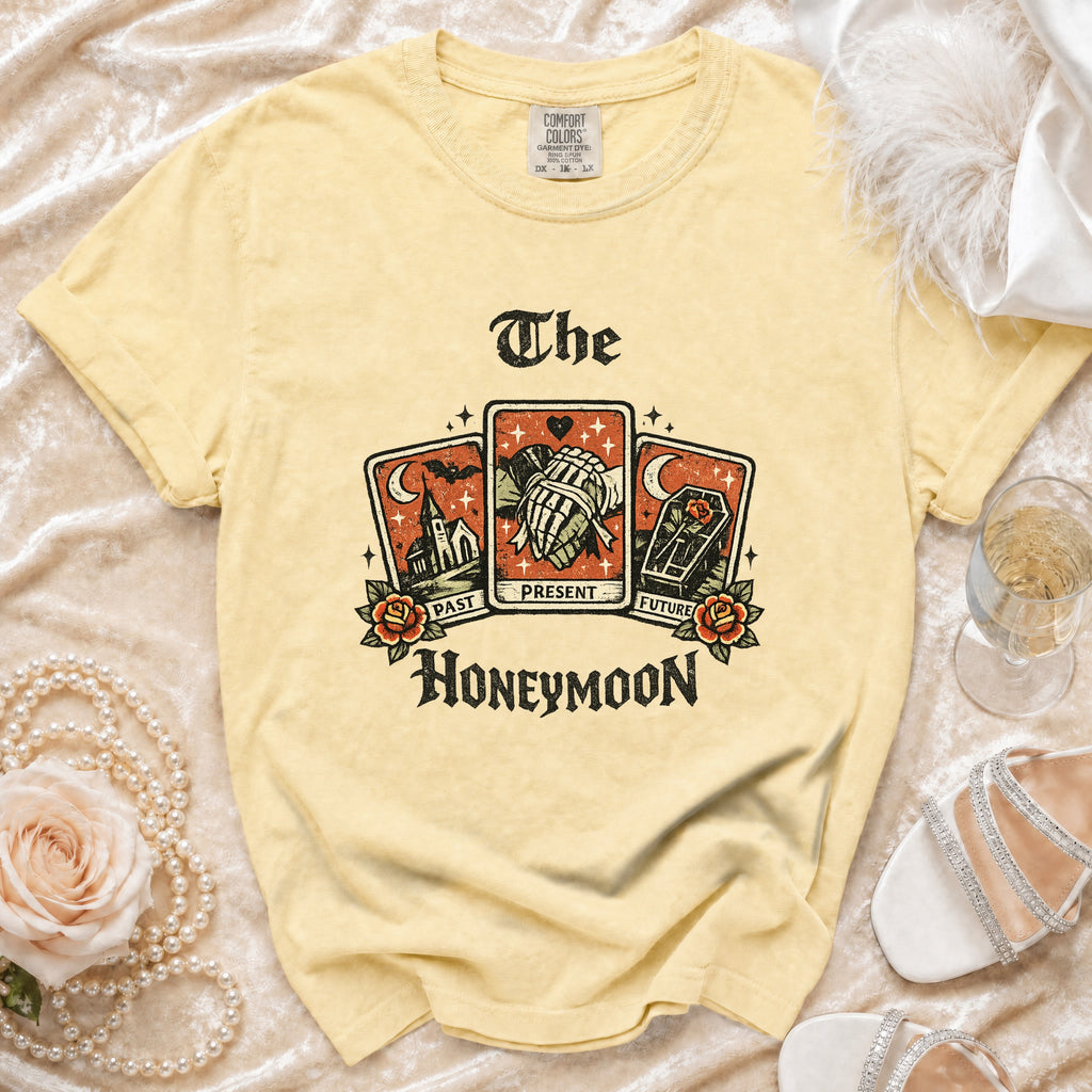 Yellow t-shirt with "The Honeymoon" and tarot card graphic.