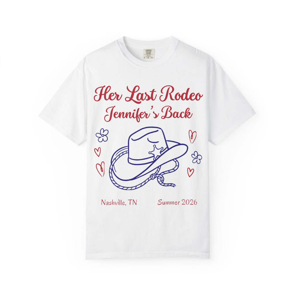 White t-shirt with "Her Last Rodeo Jennifer's Back" text and cowboy hat graphic.