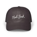 Dark grey dad hat with white embroidered script reading Nash Bash centered on the front panels.