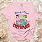 Pink t-shirt with "Sarah's Bach Last Splash" and flamingo in a pool float.