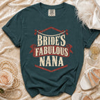 Teal t-shirt with "Bride's Fabulous Nana" text, decorative pearls, and bows.