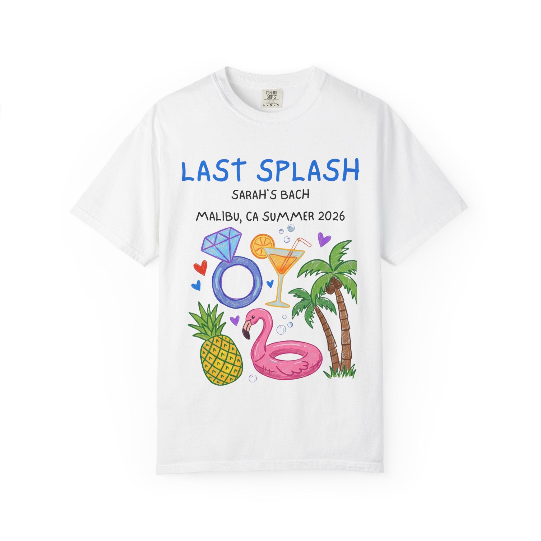 T-shirt with "Last Splash Sarah's Bach" text, diamond ring, flamingo, and tropical elements.