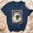 Navy t-shirt with ghost bride graphic holding roses and "haunting the aisle" text.