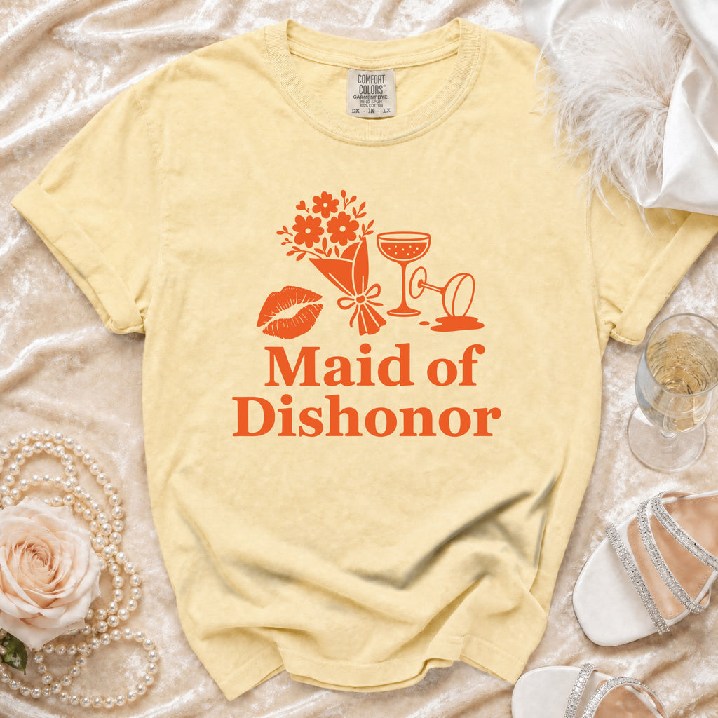 Yellow t-shirt with "Maid of Dishonor" graphic and bachelorette party icons.