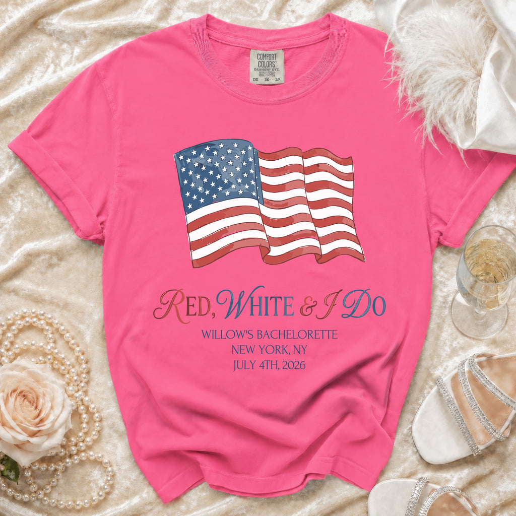 Pink t-shirt with American flag and "Red, White & I Do" text.