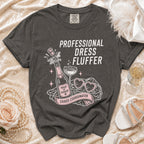 Dark grey t-shirt with "Professional Dress Fluffer Maid of Honor Chaos Coordinator" print.