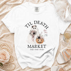 White t-shirt with "Til Death Market" graphic featuring a ghost bride and pumpkin.