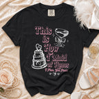 Black t-shirt with "This is How I Maid of Honor I Plan, You Panic" text and illustrations.
