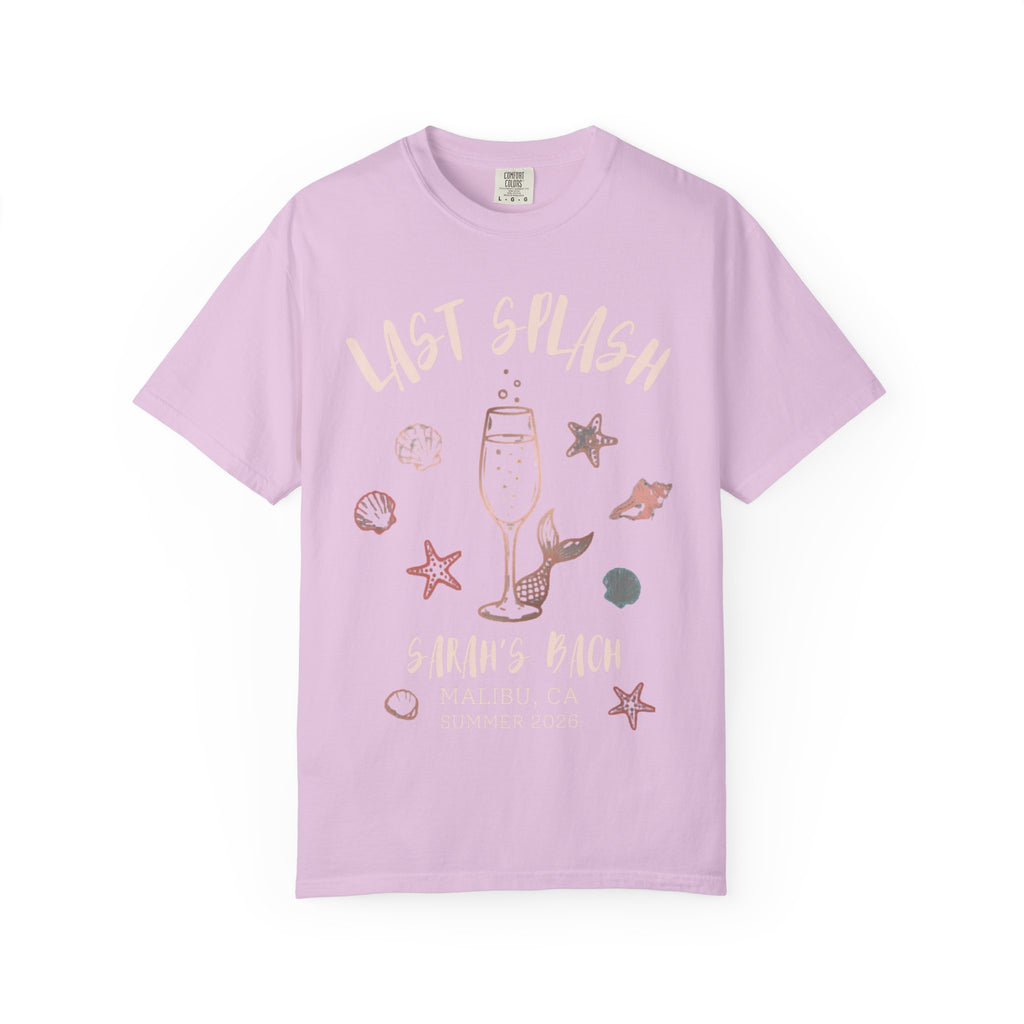 Lavender t-shirt with "Last Splash Sarah's Bach Malibu CA Summer 2024" and beach motifs.