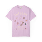 Lavender t-shirt with "Last Splash Sarah's Bach Malibu CA Summer 2024" and beach motifs.
