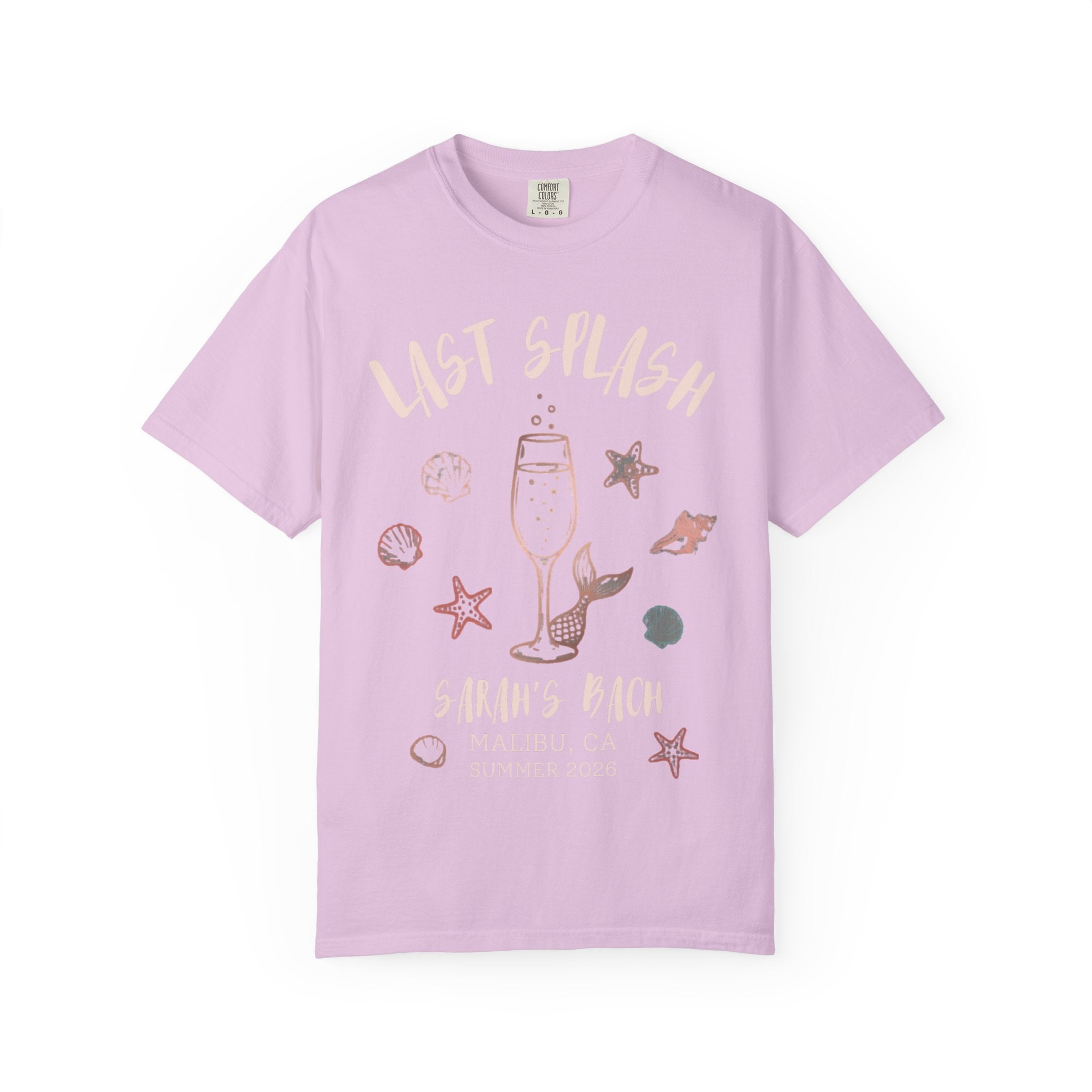 Lavender t-shirt with "Last Splash Sarah's Bach Malibu CA Summer 2024" and beach motifs.