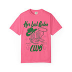 Pink t-shirt with "Her Last Rodeo" text, cowboy hat, boots, and lasso.