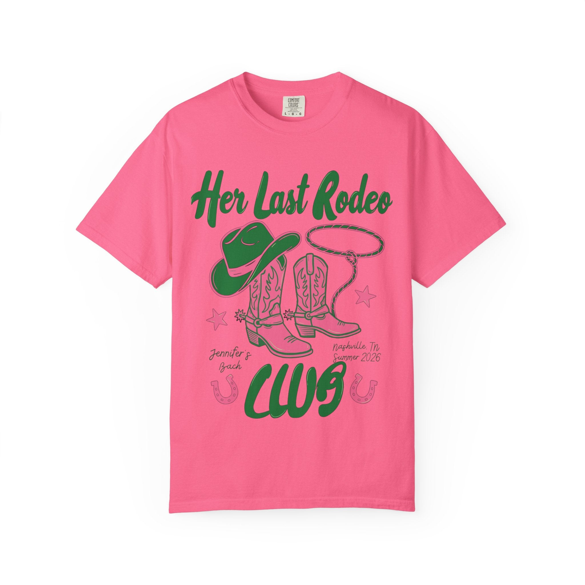 Pink t-shirt with "Her Last Rodeo" text, cowboy hat, boots, and lasso.
