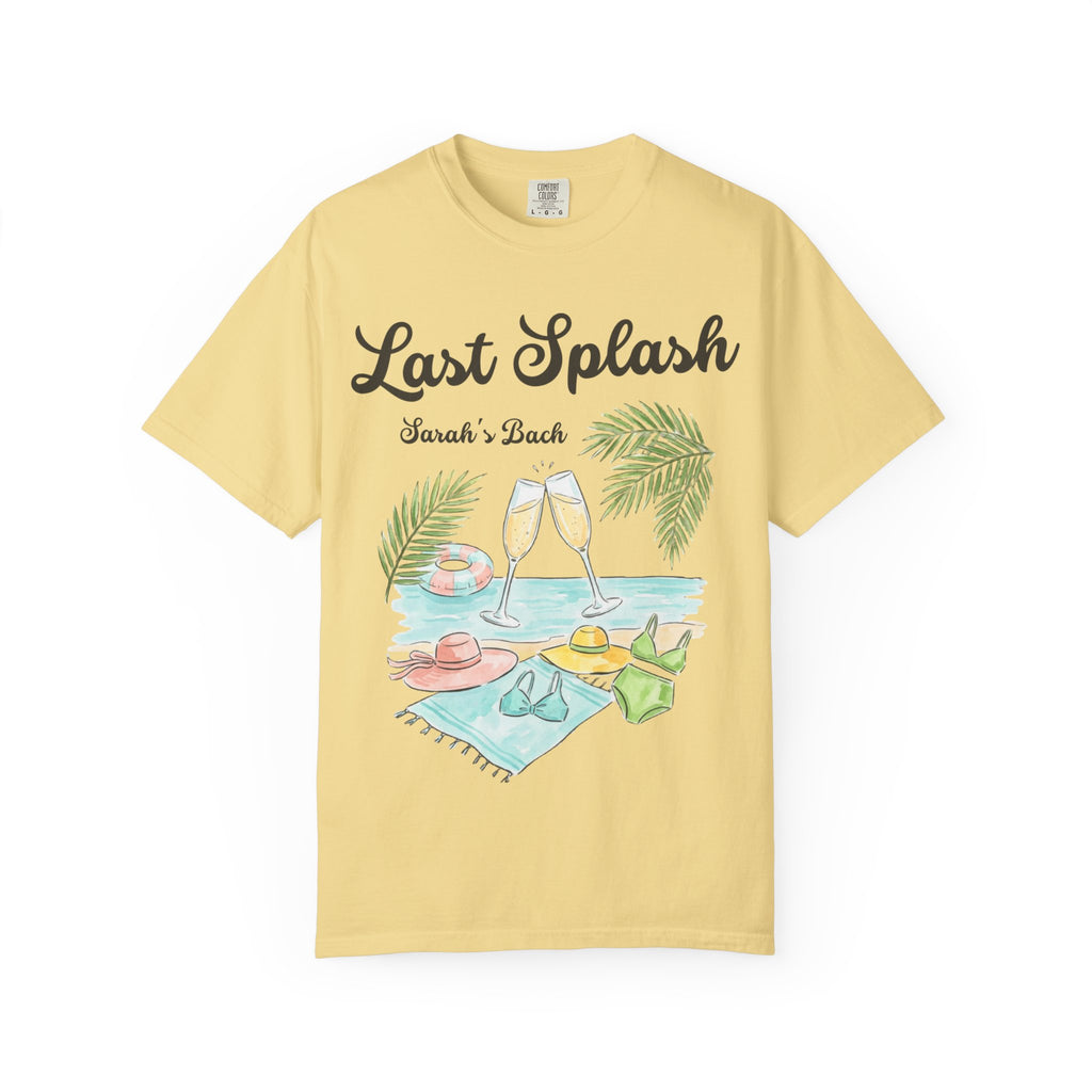 T-shirt with "Last Splash" text, beach scene, hats, swimsuits, and champagne flutes.