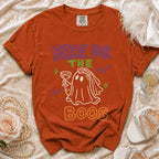 Orange t-shirt with "HERE FOR THE BOOS" text and a ghost bride graphic.