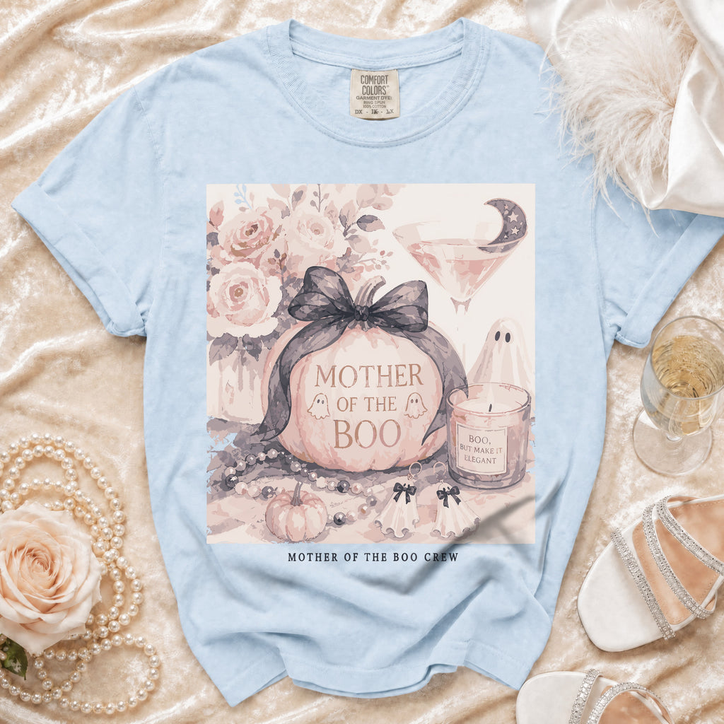 Light blue Comfort Colors t-shirt with "Mother of the Boo Crew" Halloween graphic.