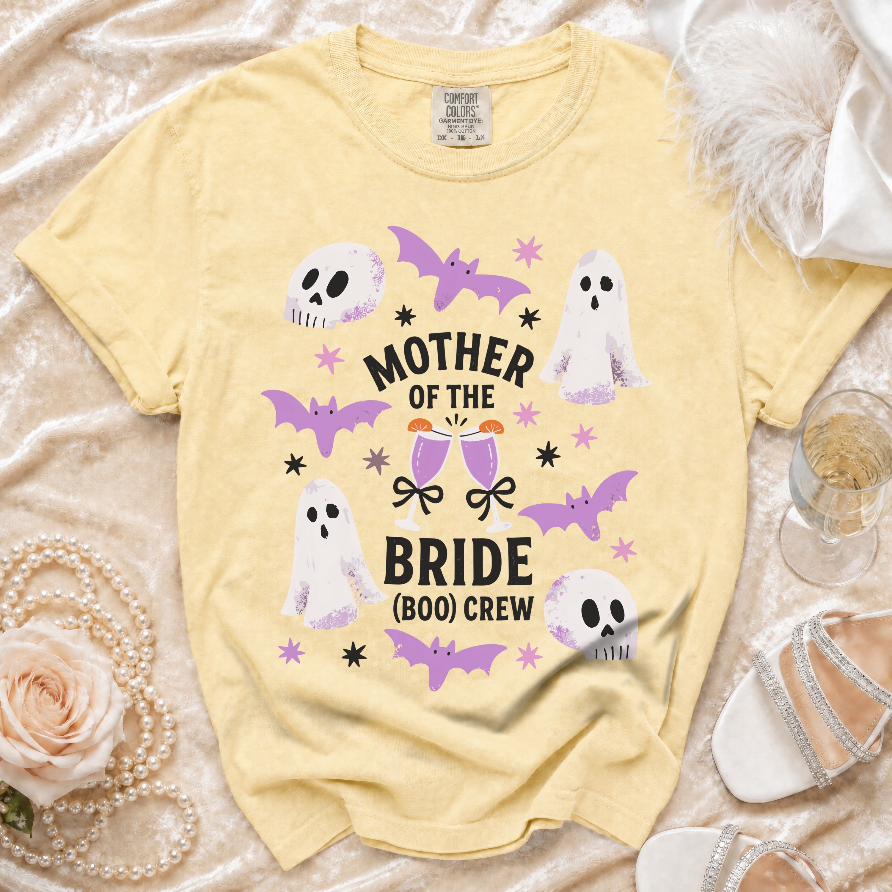 Yellow t-shirt with "MOTHER OF THE BRIDE (BOO) CREW" text and Halloween graphics.