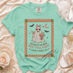 Mint green t-shirt with a ghost graphic that reads "Mother of the Bride Boo-tiful & Busy".