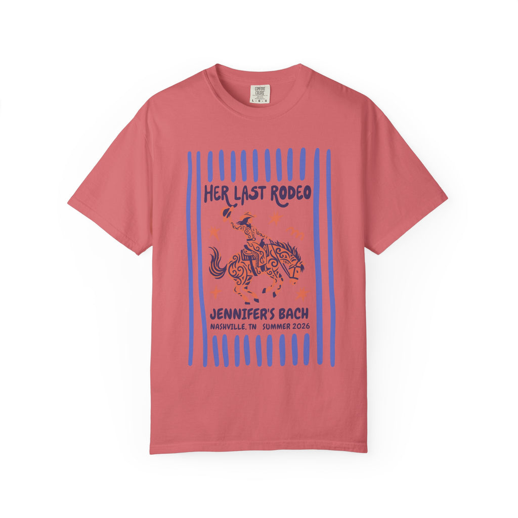 Coral t-shirt with "Her Last Rodeo" graphic for Jennifer's Bach in Nashville.
