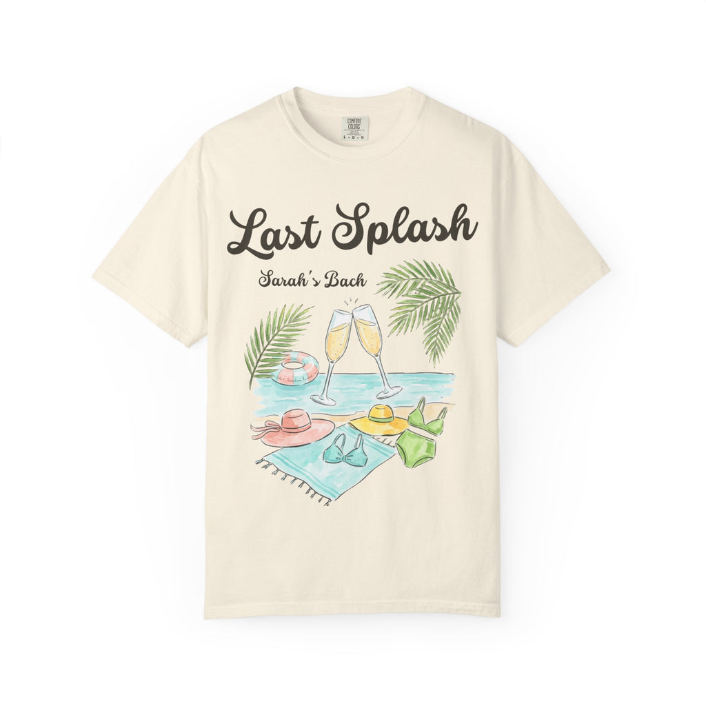 T-shirt with "Last Splash Sarah's Bach" text and beach scene.