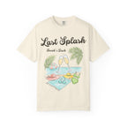 T-shirt with "Last Splash Sarah's Bach" text and beach scene.