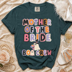 Dark teal t-shirt with "Mother of the Bride Boo Crew" text and ghost graphics.