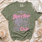 Green t-shirt with "Member of the Maid of Honor Club" graphic and wedding elements.