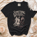 Black t-shirt with "Something Wicked Said I Do" skeleton bride graphic.