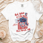 White t-shirt with "Red, White & I Do" and July 4th bachelorette graphic.