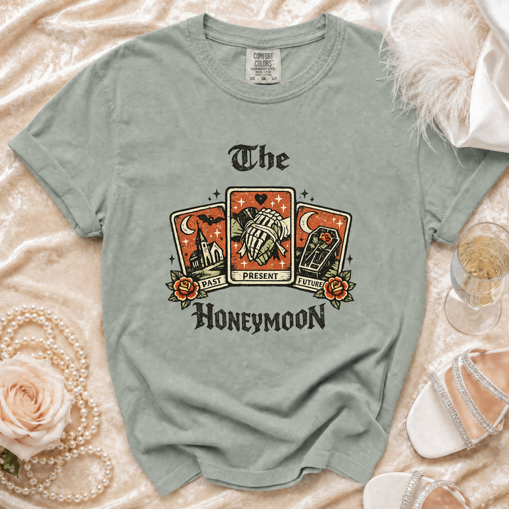 The Honeymoon t-shirt features tarot cards: Past, Present, Future.